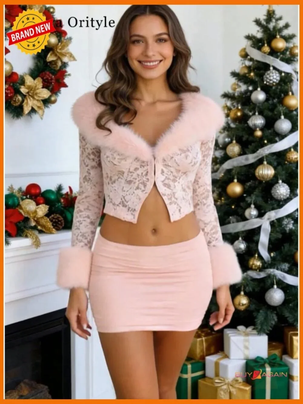 Sexy 2 Piece Outfit Rave Tie-up Feather Trim Fur Long Sleeve Cardigan Set